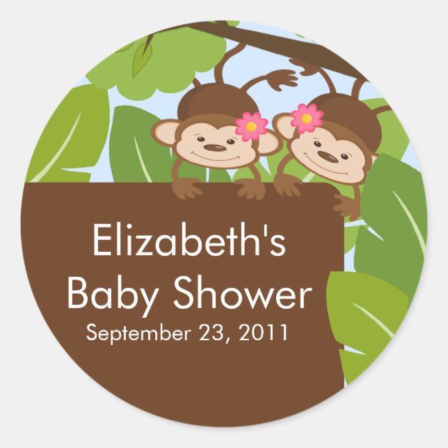 Monkey Jungle Safari Twins Baby Shower Sticker (Front)