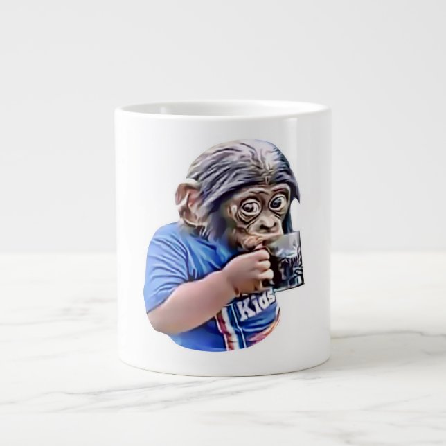 Monkey Kid Drinking Cute Funny Meme Giant Coffee Mug (Front)