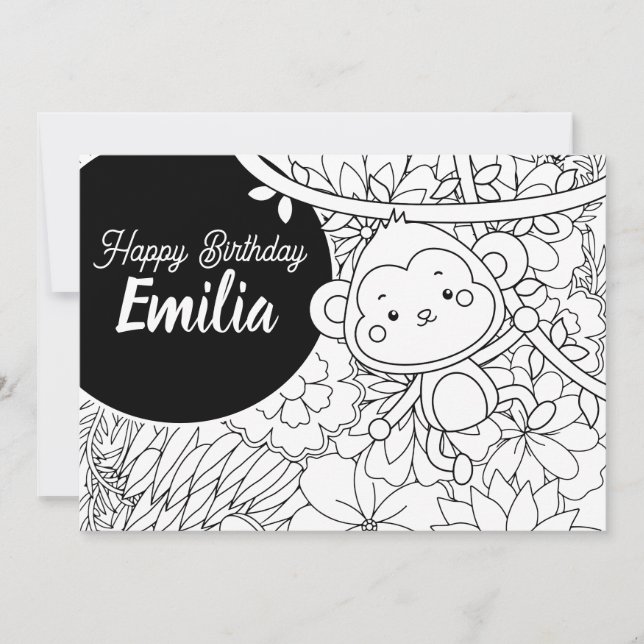 Monkey Kids Birthday Floral Coloring Holiday Card (Front)