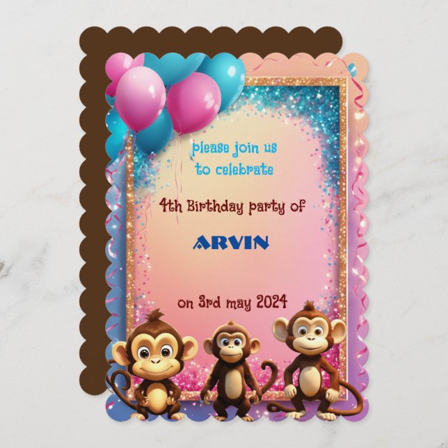monkey kids birthday invitation (Front/Back)