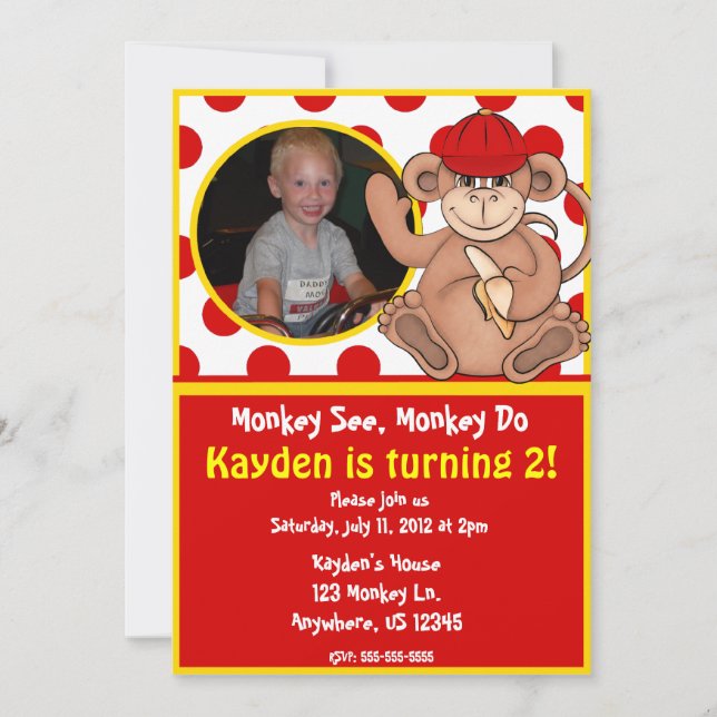 Monkey Kids Photo Birthday Invitation (Front)