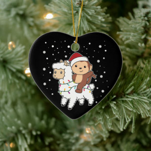 Monkey Lama Christmas Snow Winter Animals Ceramic Ornament