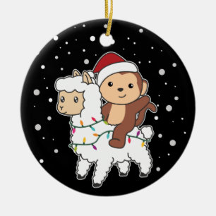 Monkey Lama Christmas Snow Winter Animals Ceramic Ornament