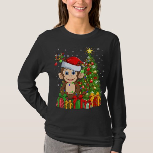 Monkey Lighting Xmas Tree Santa Hat Monkey Christm T_Shirt