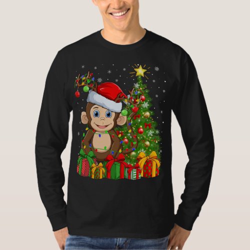 Monkey Lighting Xmas Tree Santa Hat Monkey Christm T_Shirt