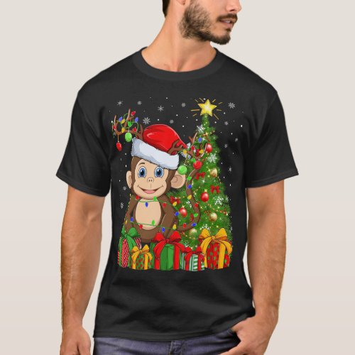 Monkey Lighting Xmas Tree Santa Hat Monkey Christm T_Shirt