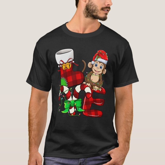 Monkey Lover Christmas Monkey Wearing Santa Hat Ch T-Shirt (Front)