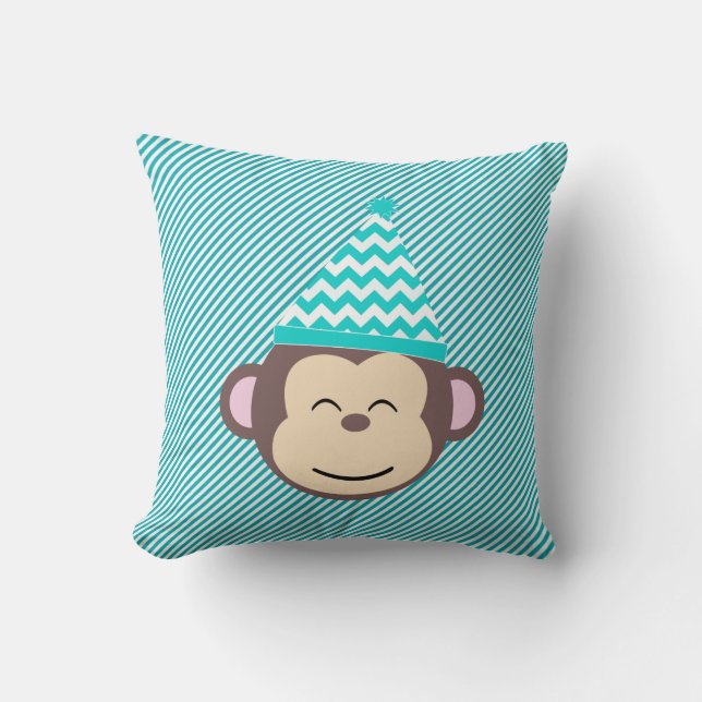 Monkey on Blue Diagonal Stripe Throw Pillow (Front)