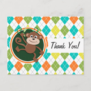 Monkey on Colorful Argyle Pattern Postcard