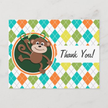 Monkey On Colorful Argyle Pattern Postcard by doozydoodles at Zazzle