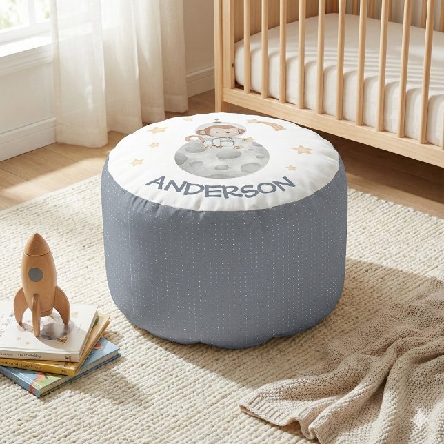 Monkey On Moon Round Pouf (This adorable monkey astronaut personalized pillow pouf would make a great baby shower gift! )