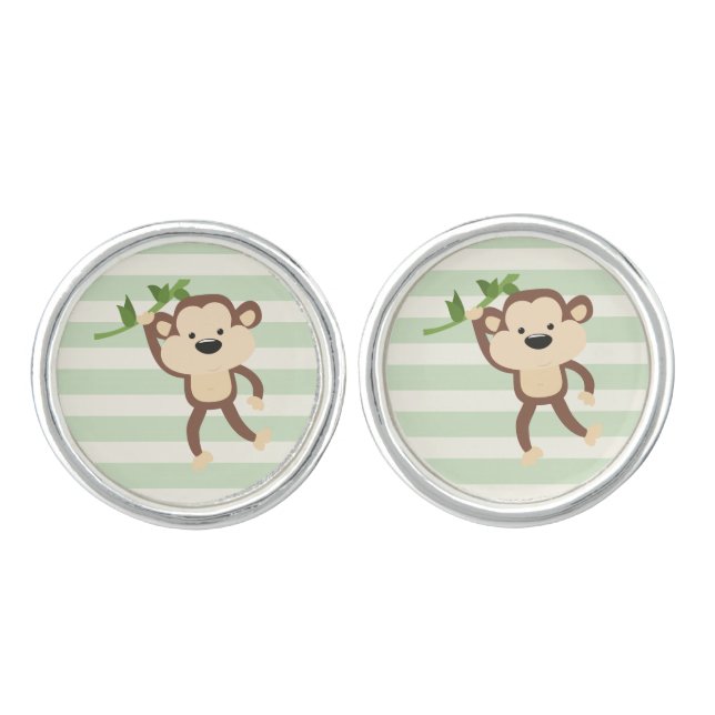 Monkey on Pastel Green Stripes Cufflinks (Front)