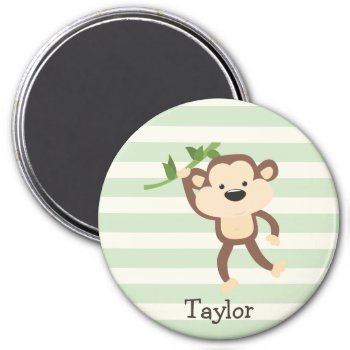 Monkey On Pastel Green Stripes Magnet by Birthday_Party_House at Zazzle