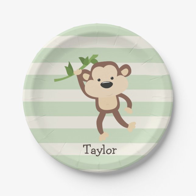 Monkey on Pastel Green Stripes Paper Plates (Front)