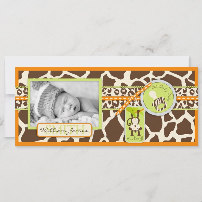 Monkey & Pacifier Safari Print Birth Announcement (Front)