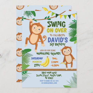 Monkey Party Birthday Swing Over Blue Invitation