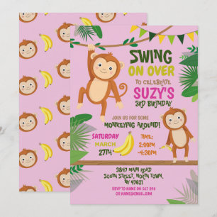 Monkey Party Birthday Swing Over Girl Pink Invitation