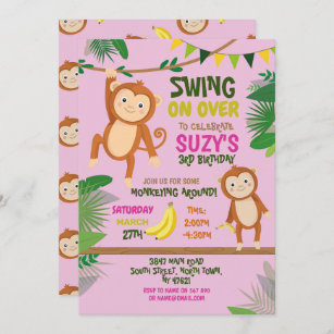 Monkey Party Birthday Swing Over Girl Pink Invitation