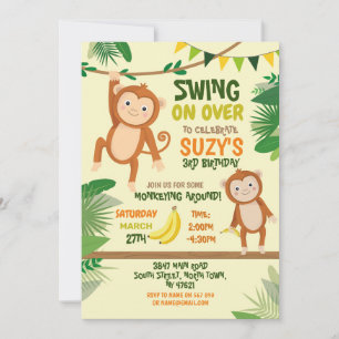 Monkey Party Birthday Swing Over Yellow Fun Invitation