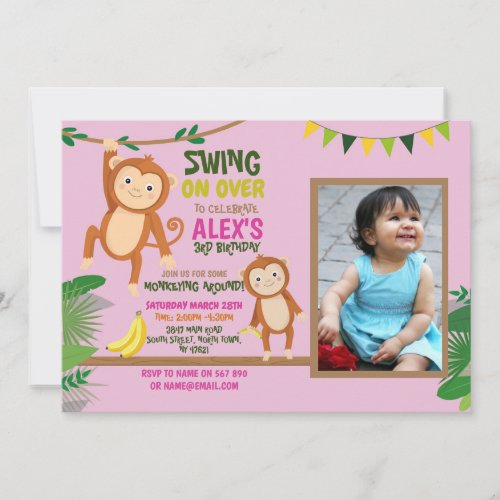 Monkey Party Birthday Swing Photo Pink Invitation