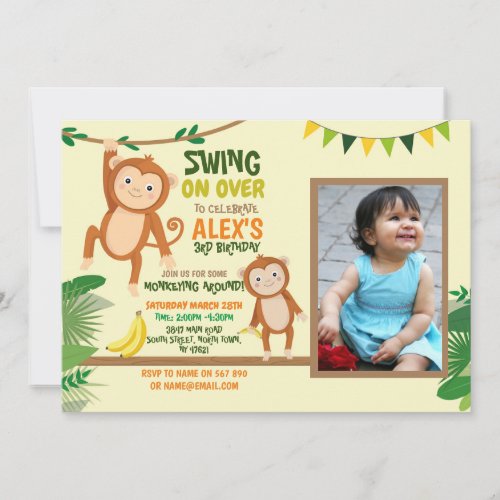 Monkey Party Birthday Swing Photo Yellow Invitation