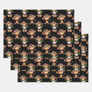 Monkey Pattern Design Black Wrapping Paper Sheets