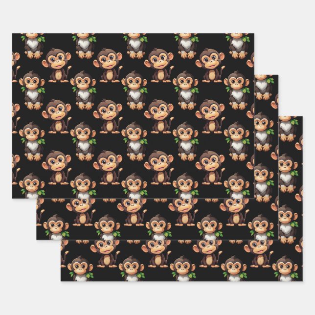Monkey Pattern Design Black  Wrapping Paper Sheets (Set)