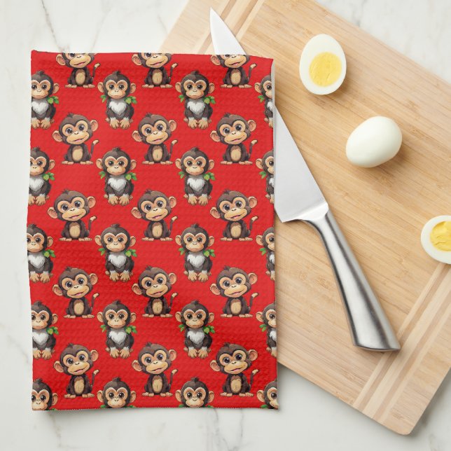Monkey Pattern Design Red Kitchen Towel (Quarter Fold)