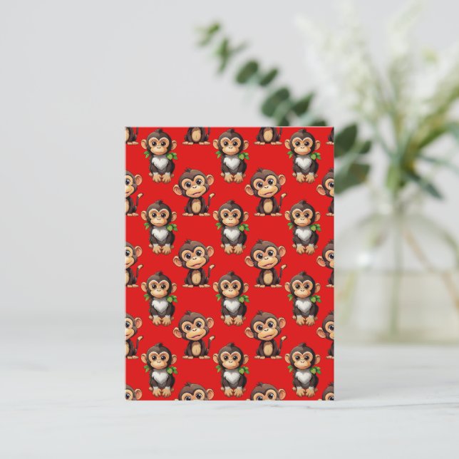 Monkey Pattern Design Red Postcard (Standing Front)