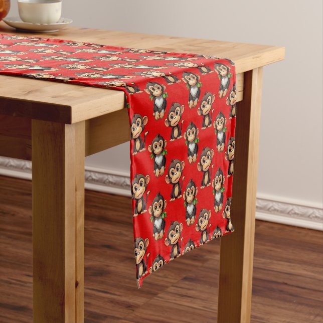 Monkey Pattern Design Red Short Table Runner (In Situ)