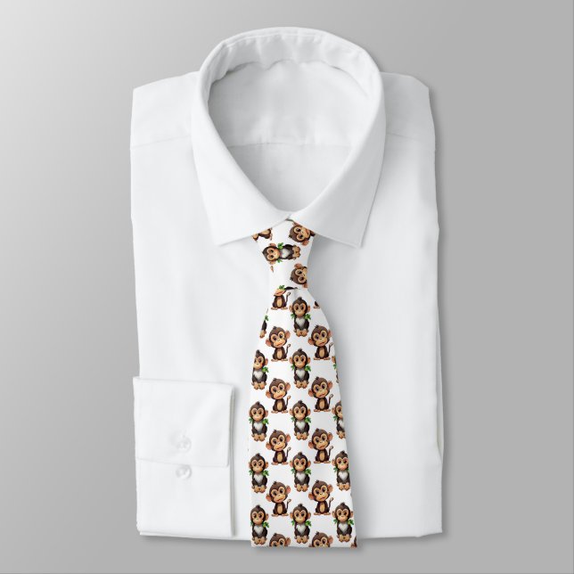 Monkey Pattern Design White  Neck Tie (Tied)