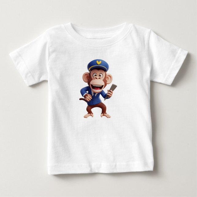 Monkey Pilot Character in Blue Captain Uniform Baby T-Shirt (Front)