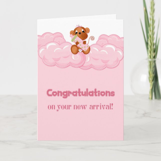 Monkey, Pink, Congratulations Baby Girl Card (Front)