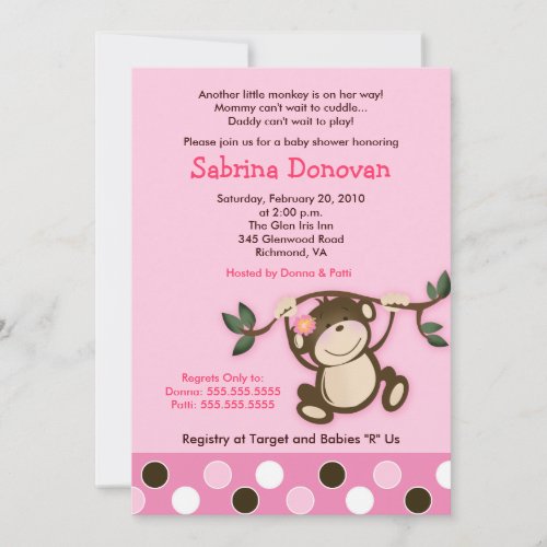 MONKEY PLAY 5x7 PINK GIRL BABY SHOWER Invites