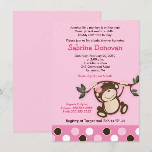 Monkey Play Girl Baby Shower Invitation