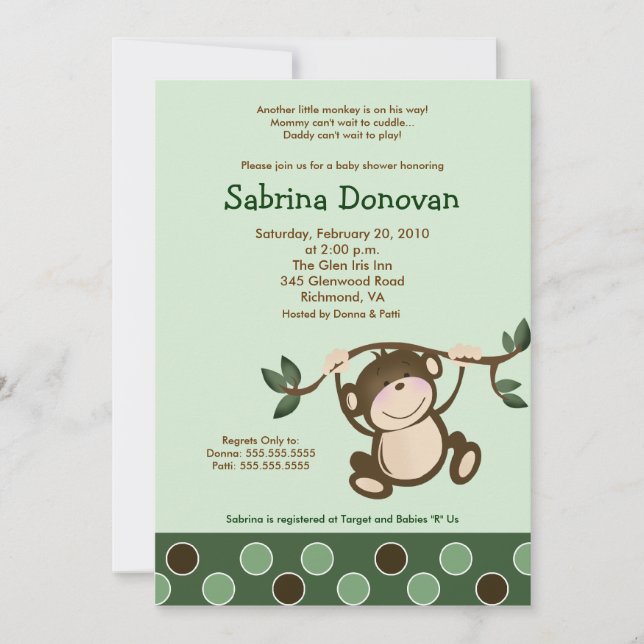 Monkey Play in Green baby shower Invite 5 x7 (Front)