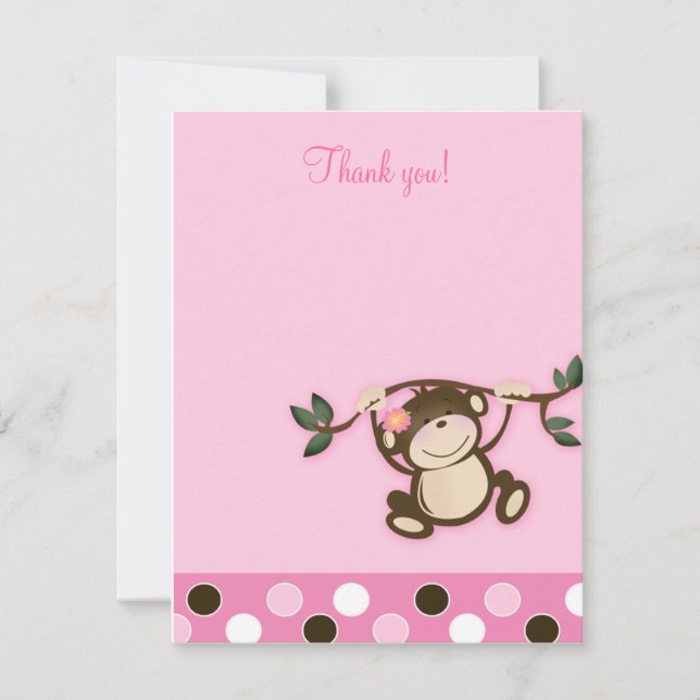 Monkey Play Pink 4x5 Flat Thank you note Card (Front)