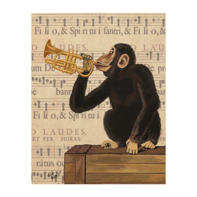 Monkey Playing Trumpet Wood Wall Art (Front)