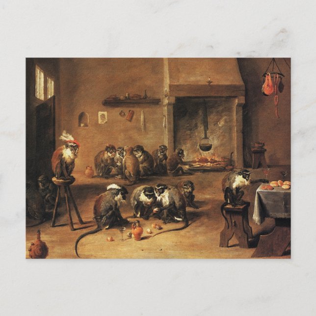 Monkey Postcard: Monkeys in Kitchen by Tenier Postcard (Front)