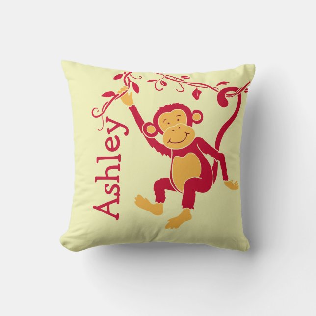 Monkey red yellow personalized name kids pillow (Front)
