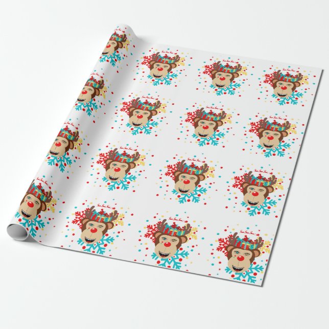 monkey reindeer christmas gift wrapping paper (Unrolled)