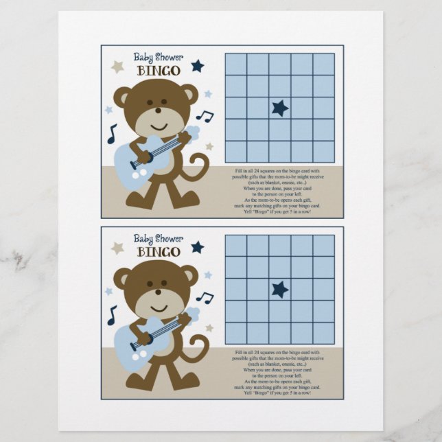 Monkey Rockerstar/Rocker "Baby Shower Bingo" sheet (Front)