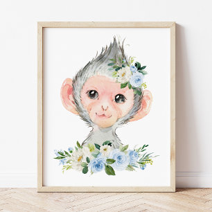 Monkey, Safari, Jungle, Blue Flowers, Boy Nursery Poster