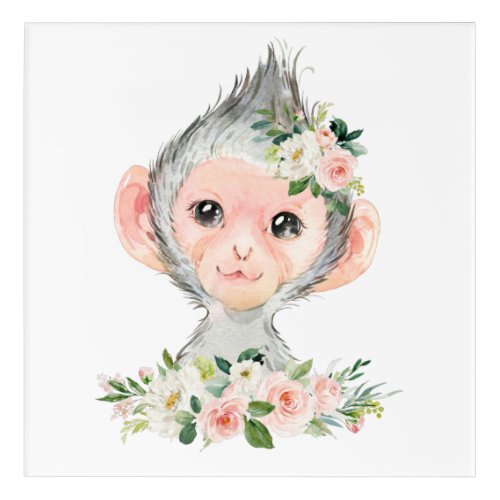 Monkey Safari Jungle Pink Flowers Girl Nursery Acrylic Print