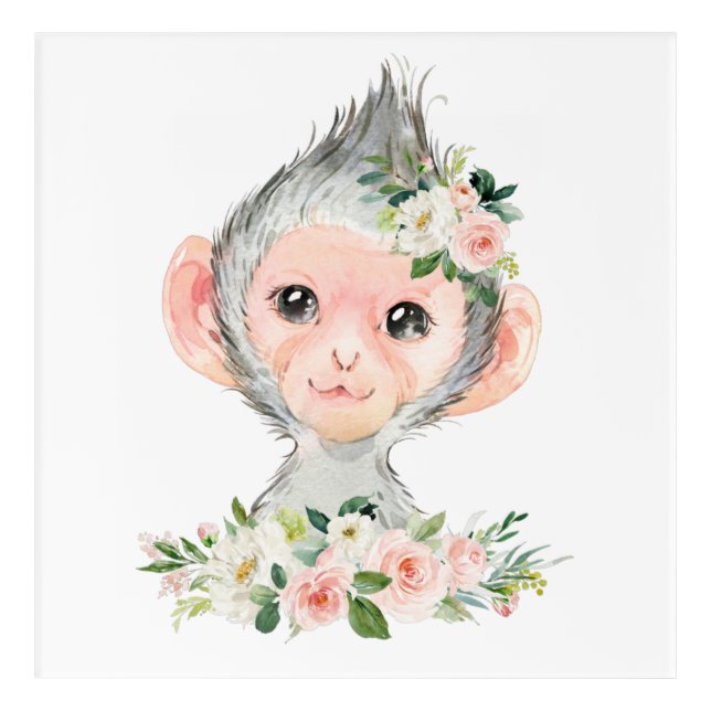 Monkey, Safari, Jungle, Pink Flowers, Girl Nursery Acrylic Print (Front)
