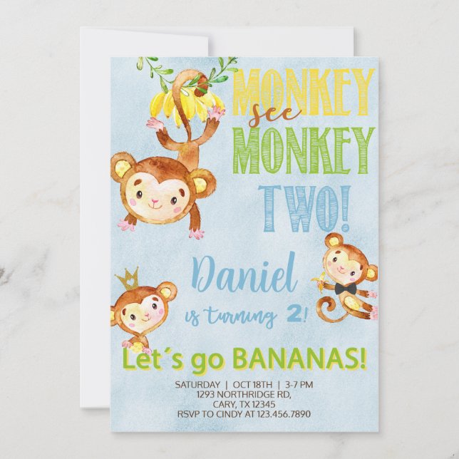 Monkey see monkey two boy birthday invite. invitation (Front)