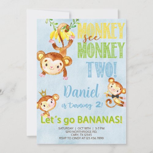 Monkey see monkey two boy birthday invite invitation