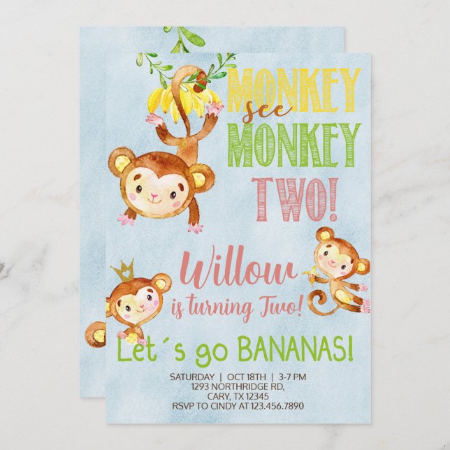 Monkey see monkey two girl birthday invitation. invitation (Front/Back)