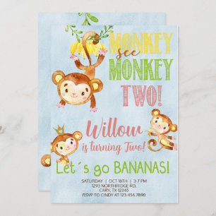 Monkey see monkey two girl birthday invitation. invitation