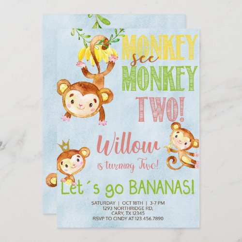 Monkey see monkey two girl birthday invite invita invitation